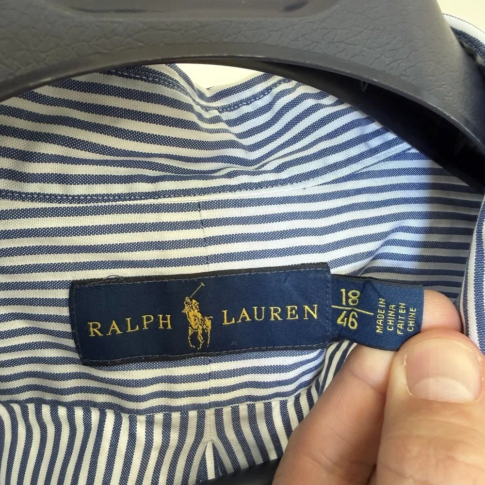 Ralph Lauren Men's Striped Cotton Button Down Shirt Sz 18/46 Blue Long Sleeve